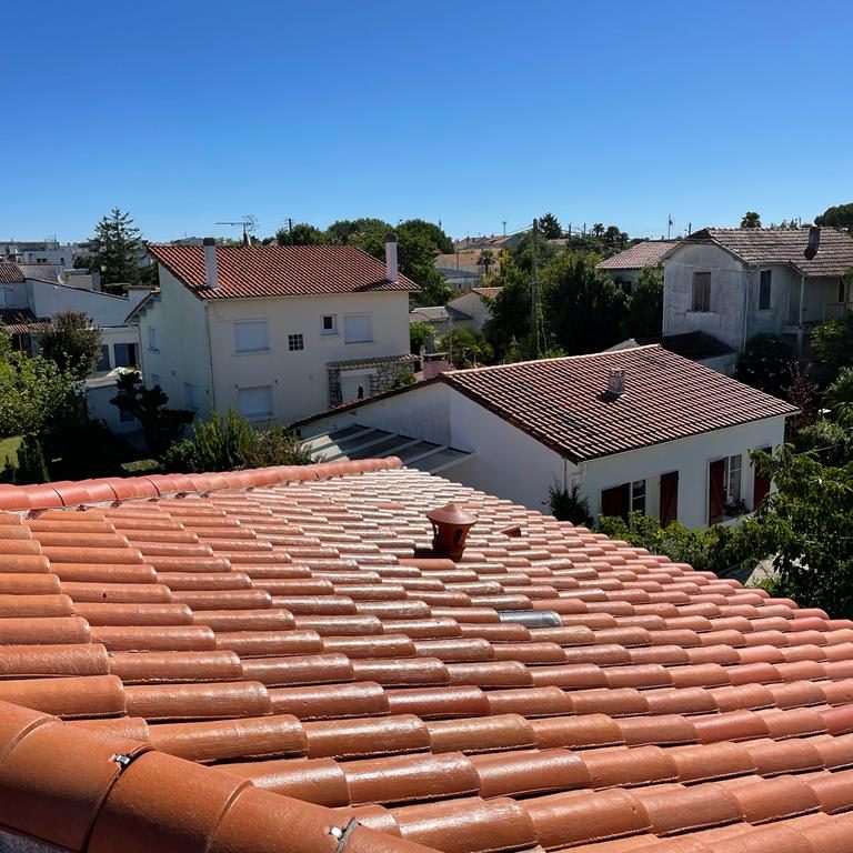 Toitures en tuiles canal d'un quartier de Charente vues depuis un toit