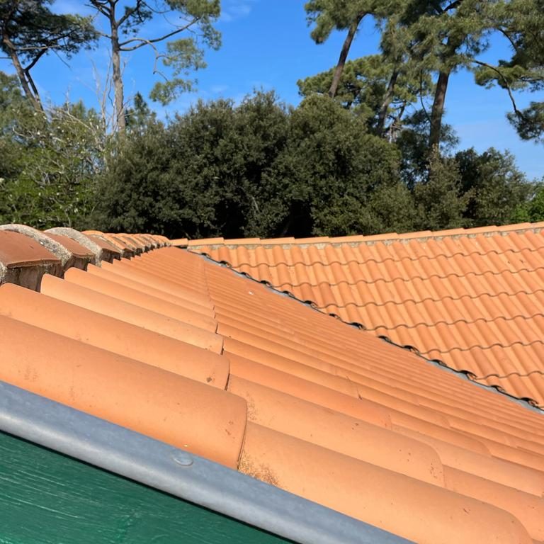 Toiture en tuiles rénovée vue depuis le faîtage
